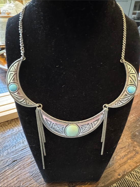 Steve Madden Jewelry - Vintage Steve Madden Boho Silver-Tone Crescent Necklace with Turquoise Accents